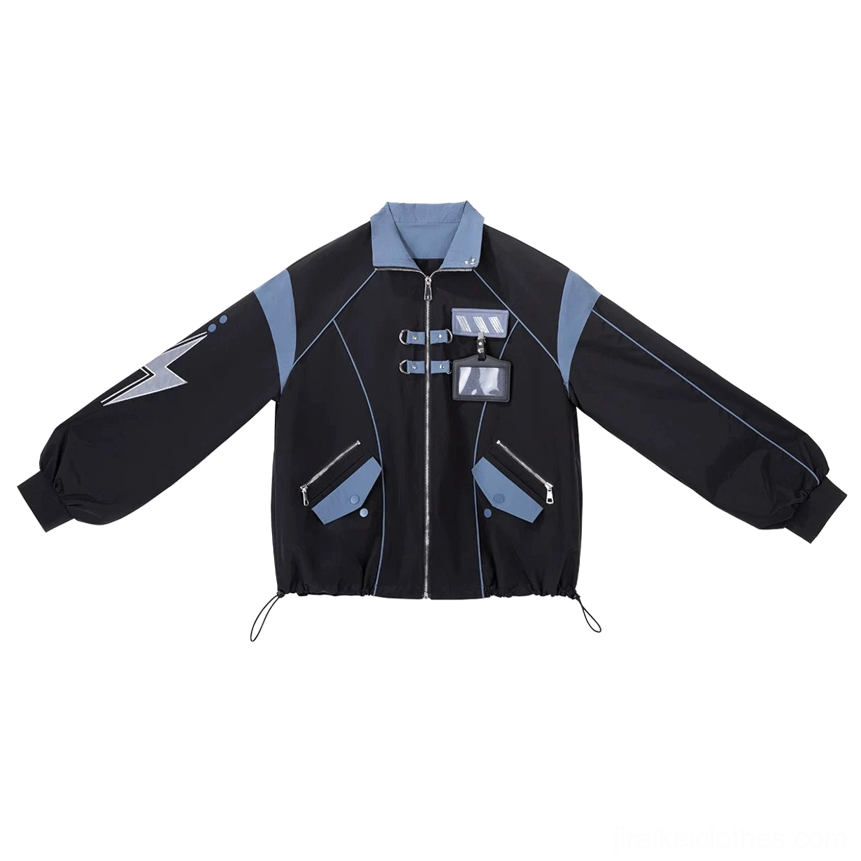 Techwear Jacket front display showing nameplate card holder and dual side pockets for tactical functionality and style