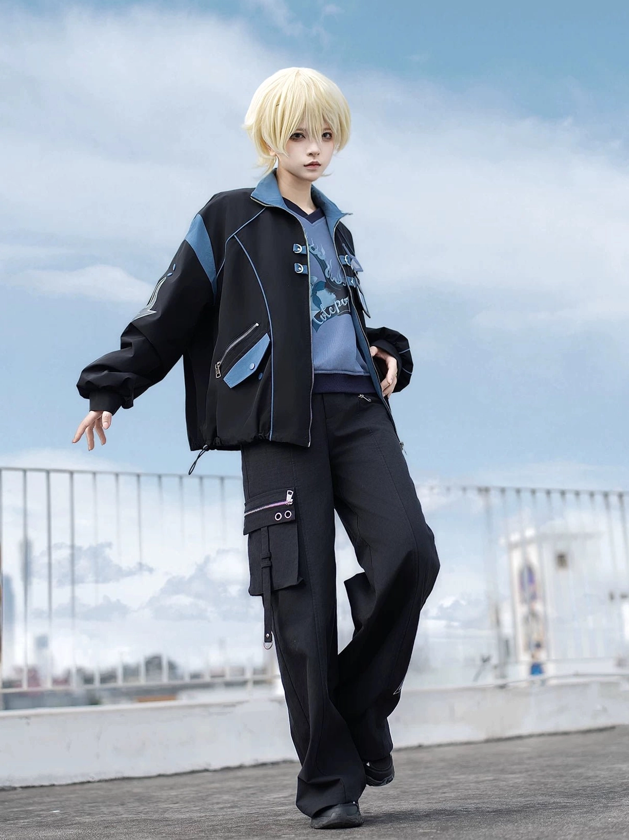 Nameplate card holder detail on Techwear Jacket chest showcasing functional and fashion elements of Jirai Kei cyberpunk design