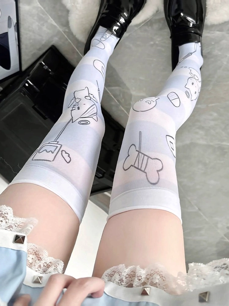Over-the-knee Tenshi angel socks with lace trim and light blue pet and bone cartoon prints, female hands adjusting socks indoors, product detail shot