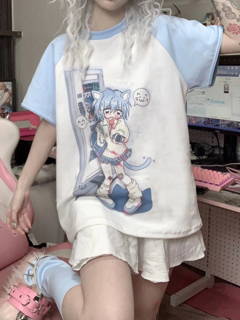 Tenshi anime graphic raglan tee seated front view sky blue short sleeves gaming aesthetic