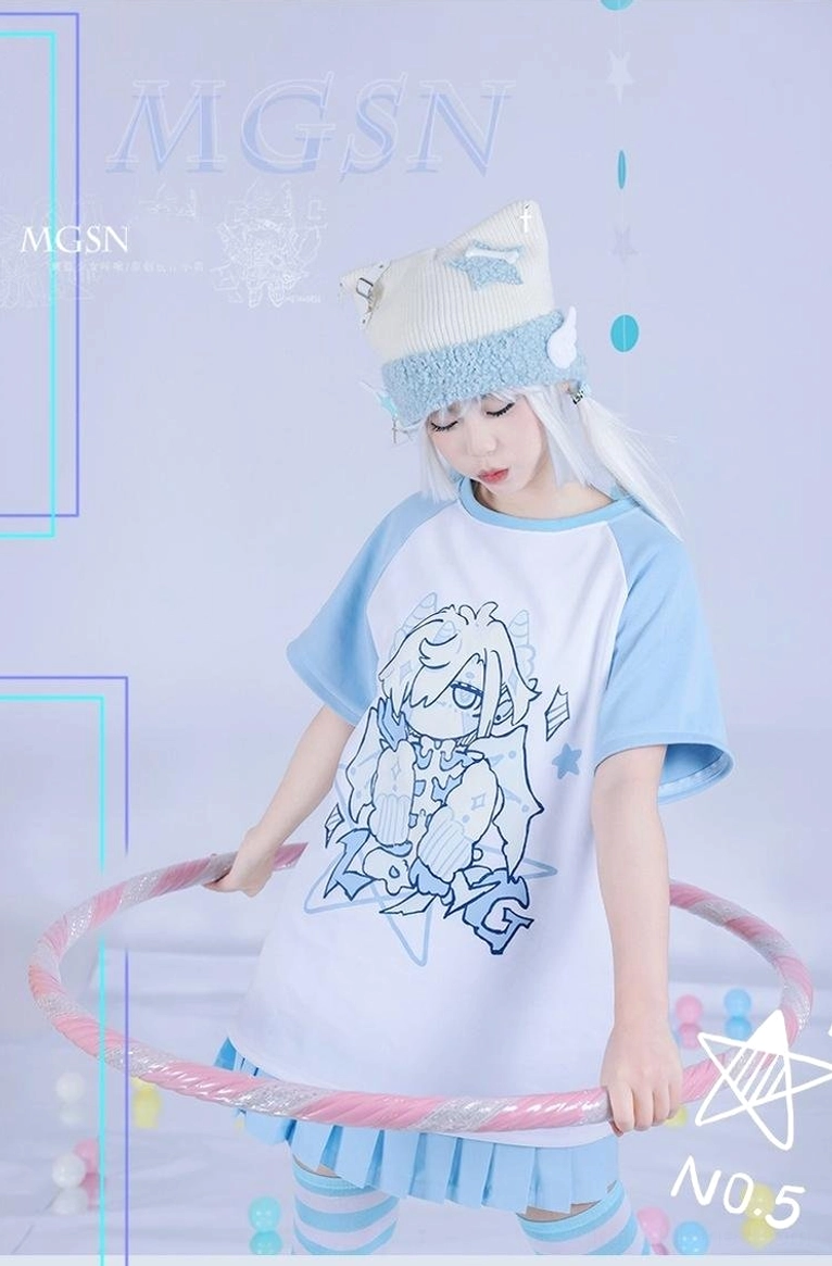 Tenshi Kaiwai dragon raglan t-shirt dress featuring blue and white color scheme, pleated bottom, striped leg warmers, and anime character print - full front view with hula hoop accessory