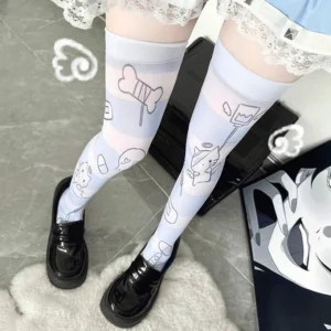 Angel motif over-the-knee socks with cute line art design and cloud decoration, female legs wearing black leather loafers on tiled background, Jirai Kei fashion