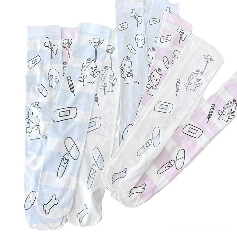 Complete Tenshi Kaiwai angel thigh-high socks collection showcase, multiple color variants with lace trim and cartoon prints displayed together