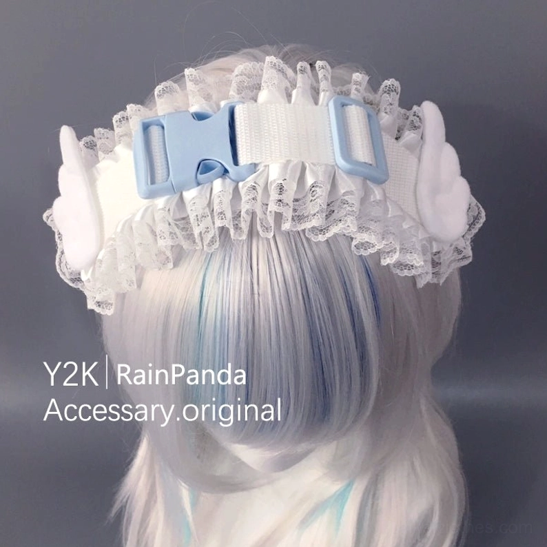 Tenshi Kaiwai angel headband rear back view structure construction light blue buckles white lace trim back perspective Jirai Kei hair accessory
