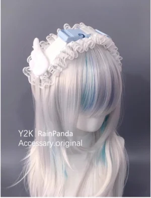 Tenshi Kaiwai angel wings lace headband light blue plastic buckle white ruffled lace trim left front view with silver-blue wig Jirai Kei aesthetic