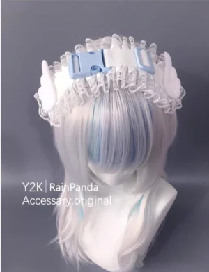 Tenshi Kaiwai angel wings headband front center view dual light blue plastic buckles white plush angel wings delicate lace trim celestial Jirai Kei style