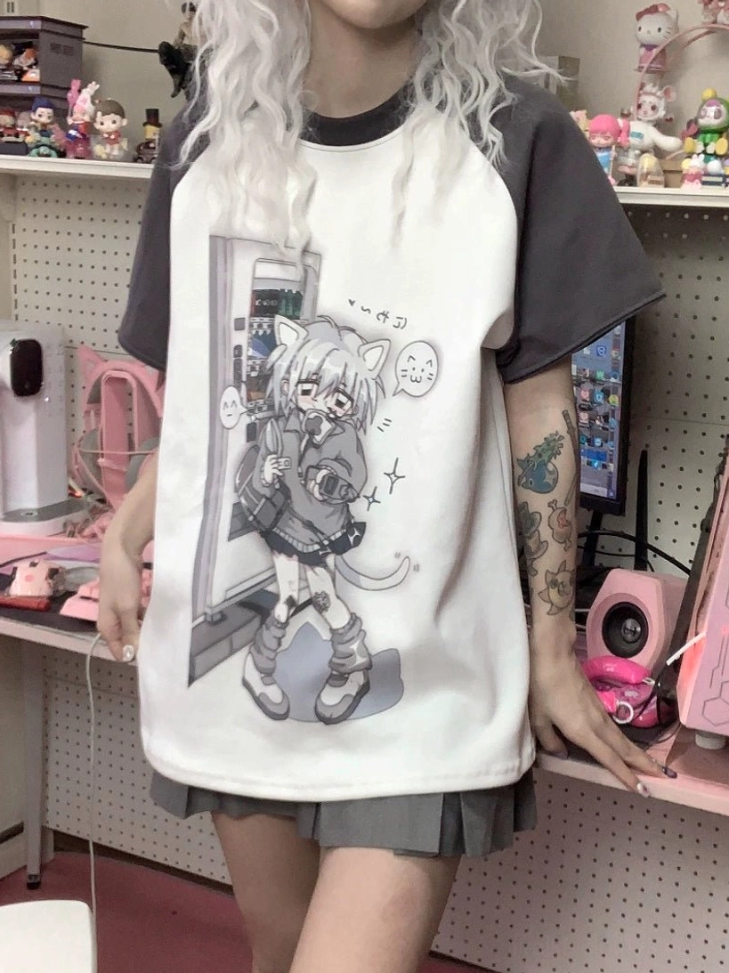 Tenshi kaiwai anime graphic raglan tee flat lay product shot showing sleeve detachability