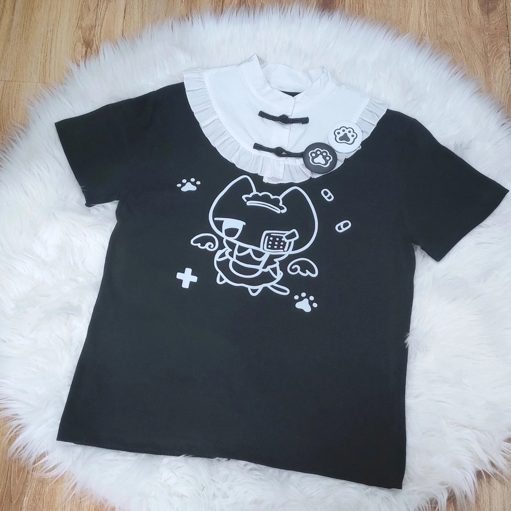 Black Tenshi Kaiwai cotton T-shirt with knot button collar cat print and angel wing design all sizes