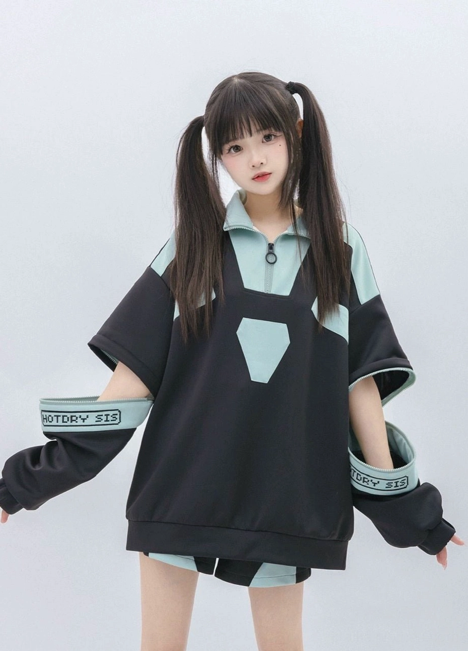 Black and green Tenshi Kaiwai sweatshirt only option showcasing edgy removable sleeve design and vibrant teal accent color blocking details