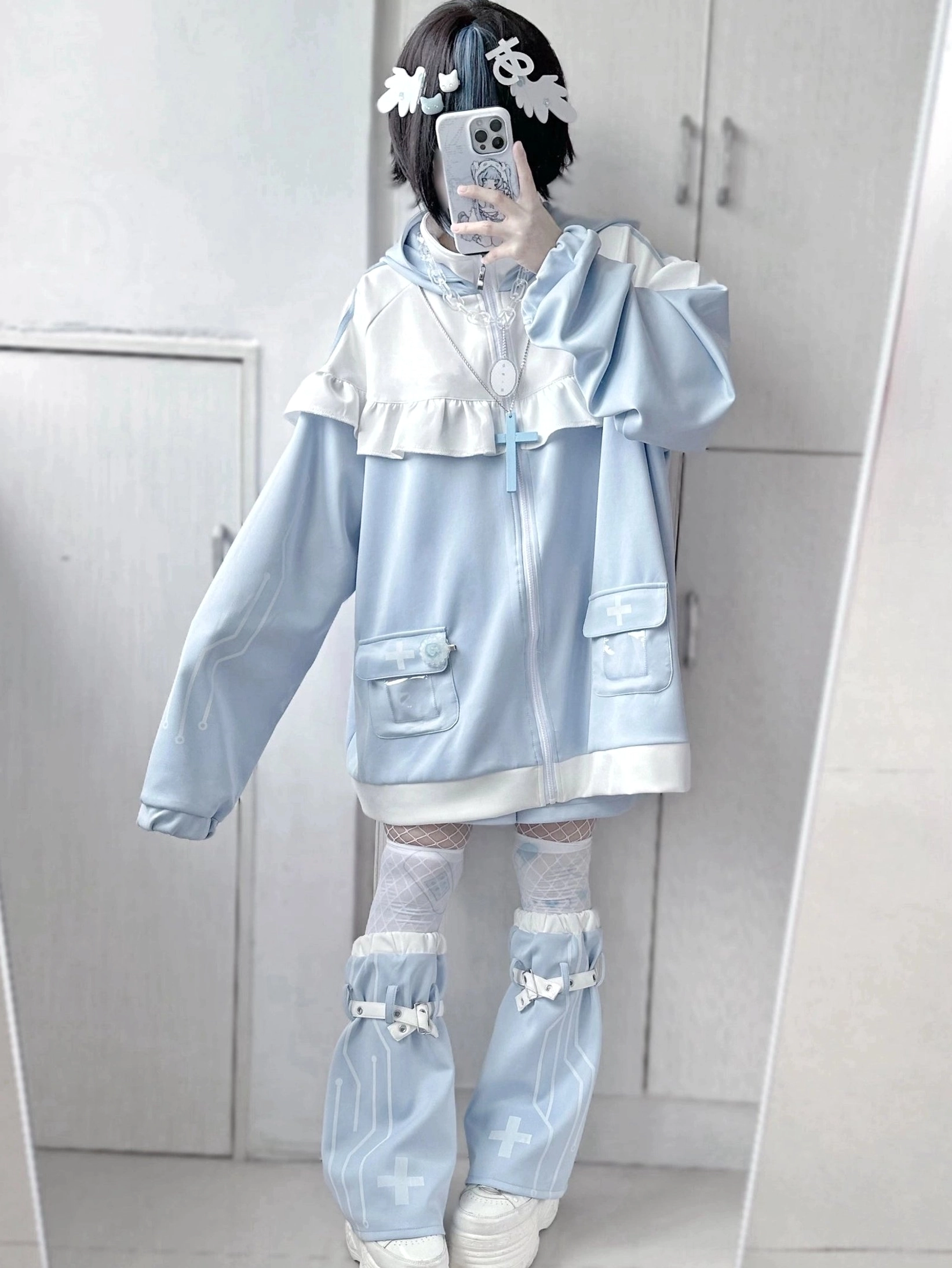Tenshi Kaiwai black and purple cat ear jacket outfit set full presentation showing color variant and complete styling option