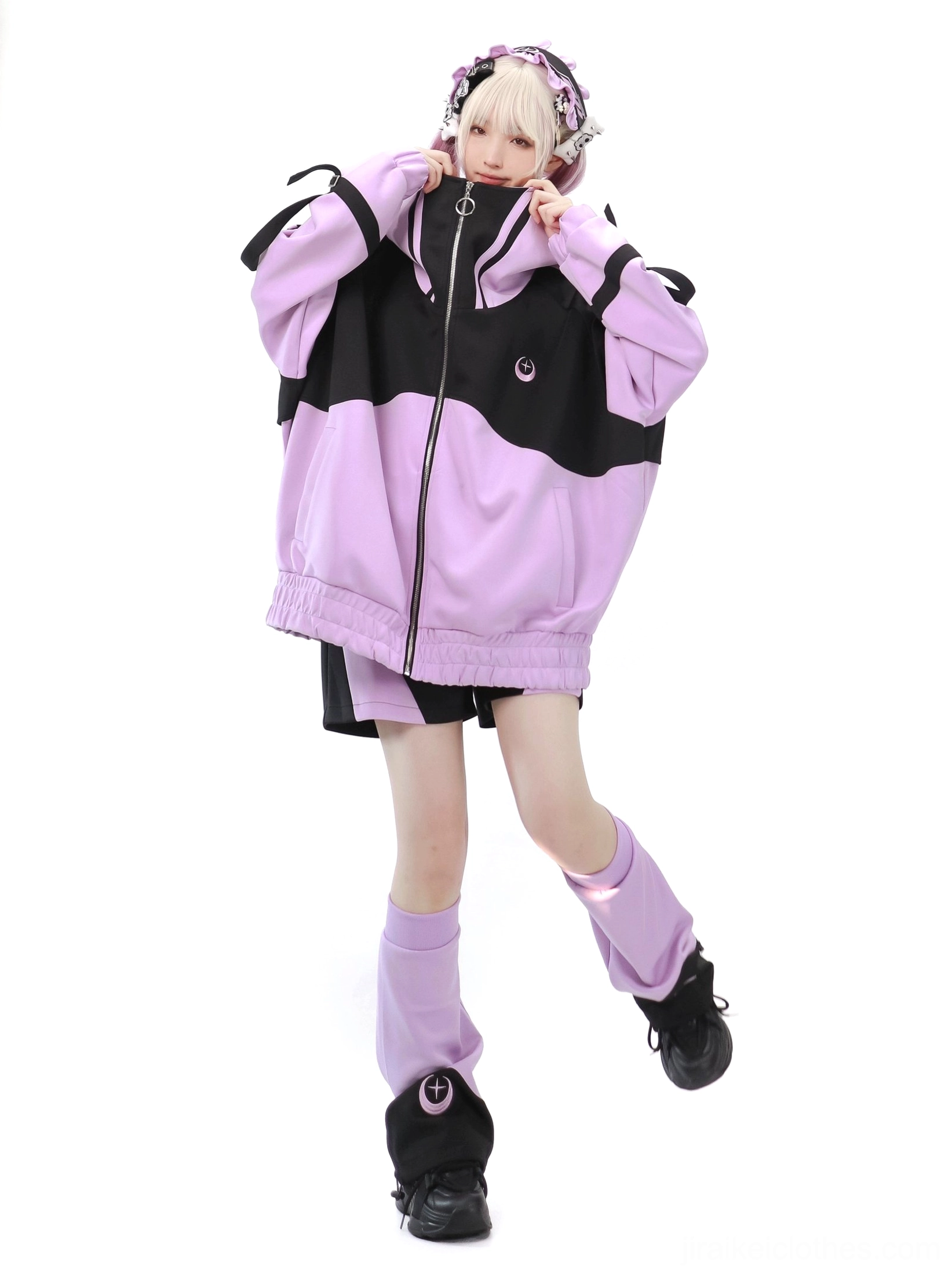 Black and Purple Tenshi Kaiwai Jirai Kei complete full sports set bundle featuring jacket shorts leg warmers hair band crescent moon celestial design elements