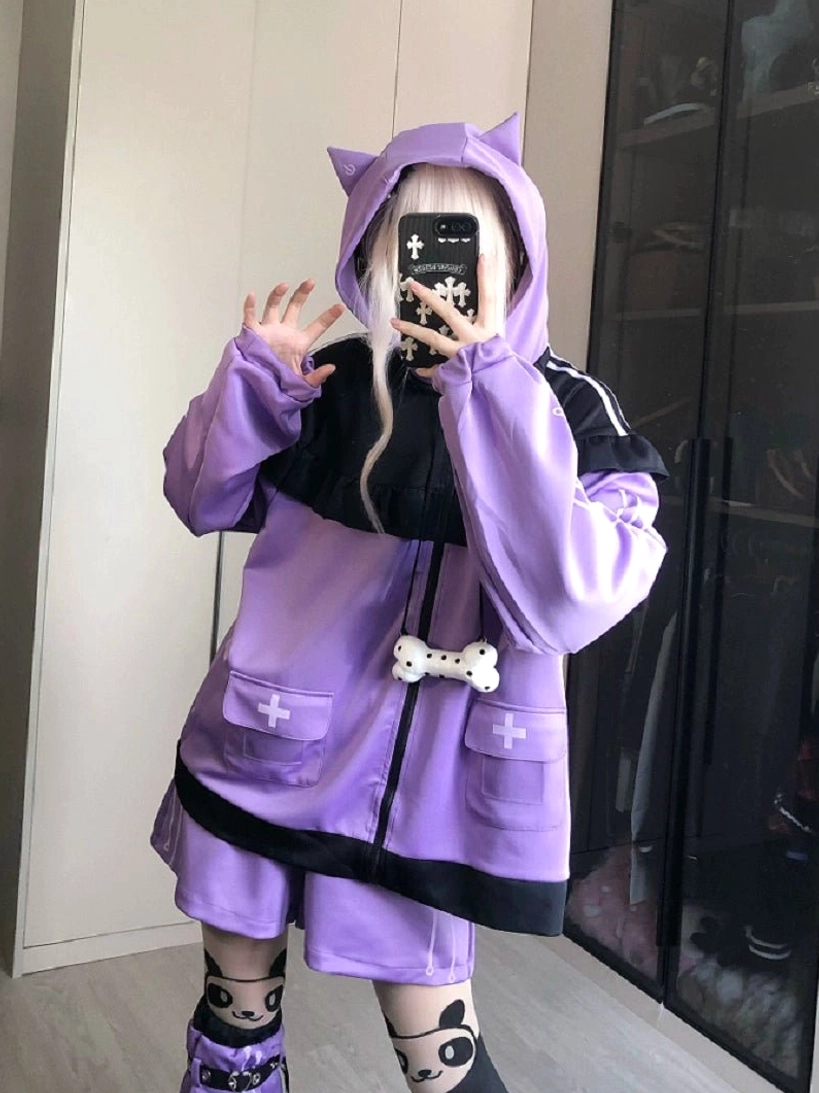 Tenshi Kaiwai complete black and purple three piece cat ear jacket shorts leg warmers full outfit model wearing all components