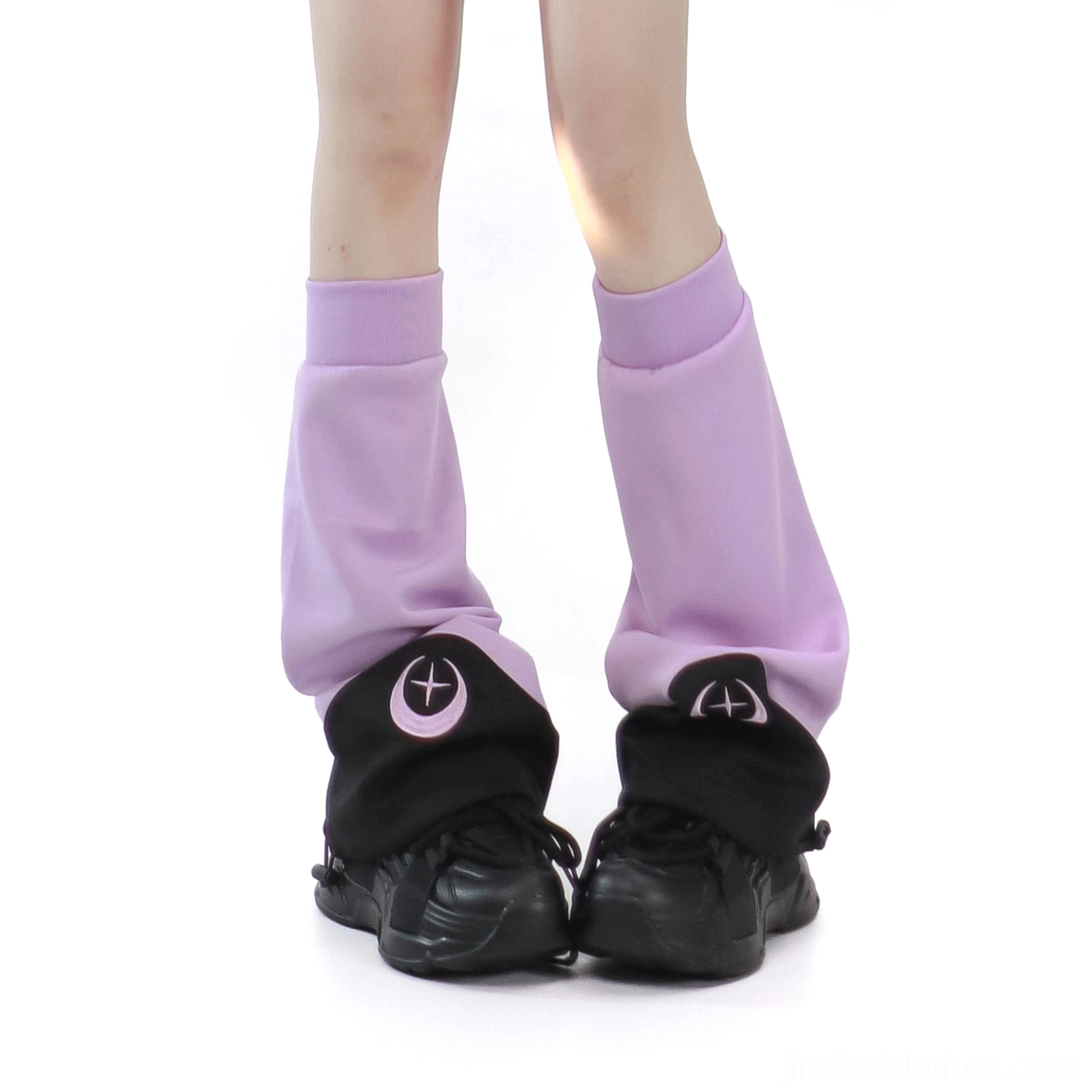 Black and Purple Tenshi Kaiwai Jirai Kei crescent leg warmers with symmetrical splicing and celestial moon hem accents standalone accessory piece