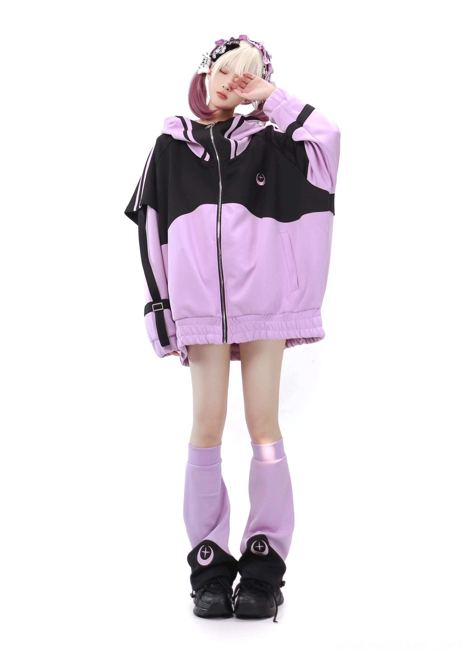 Black and Purple Tenshi Kaiwai Jirai Kei oversized hooded jacket with crescent moon chest motif striped sleeves and color-blocking detail standalone piece styling