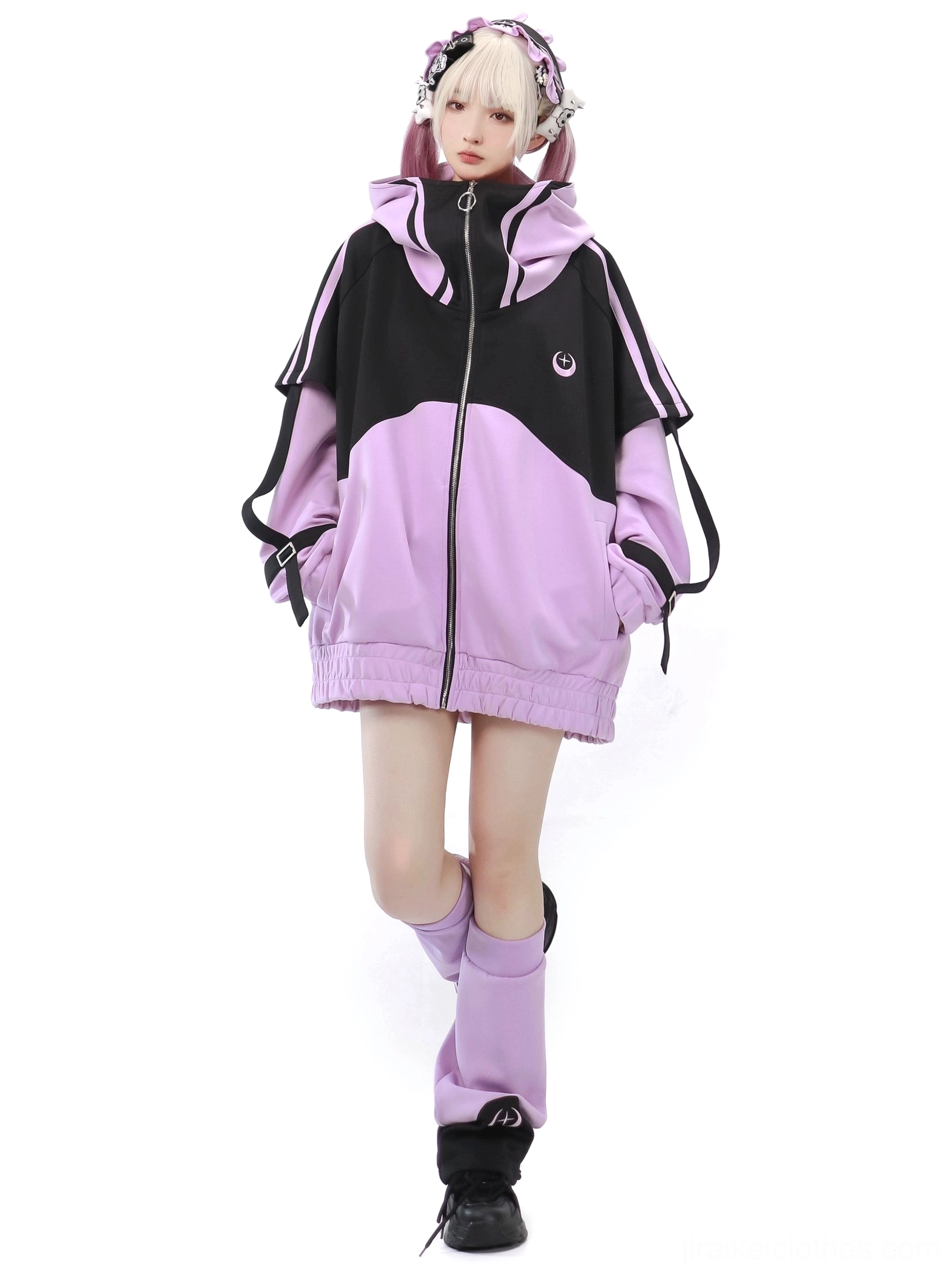 Tenshi Kaiwai Jirai Kei color-block sports shorts with elastic waistband in black and purple color option standalone piece flat lay product photography