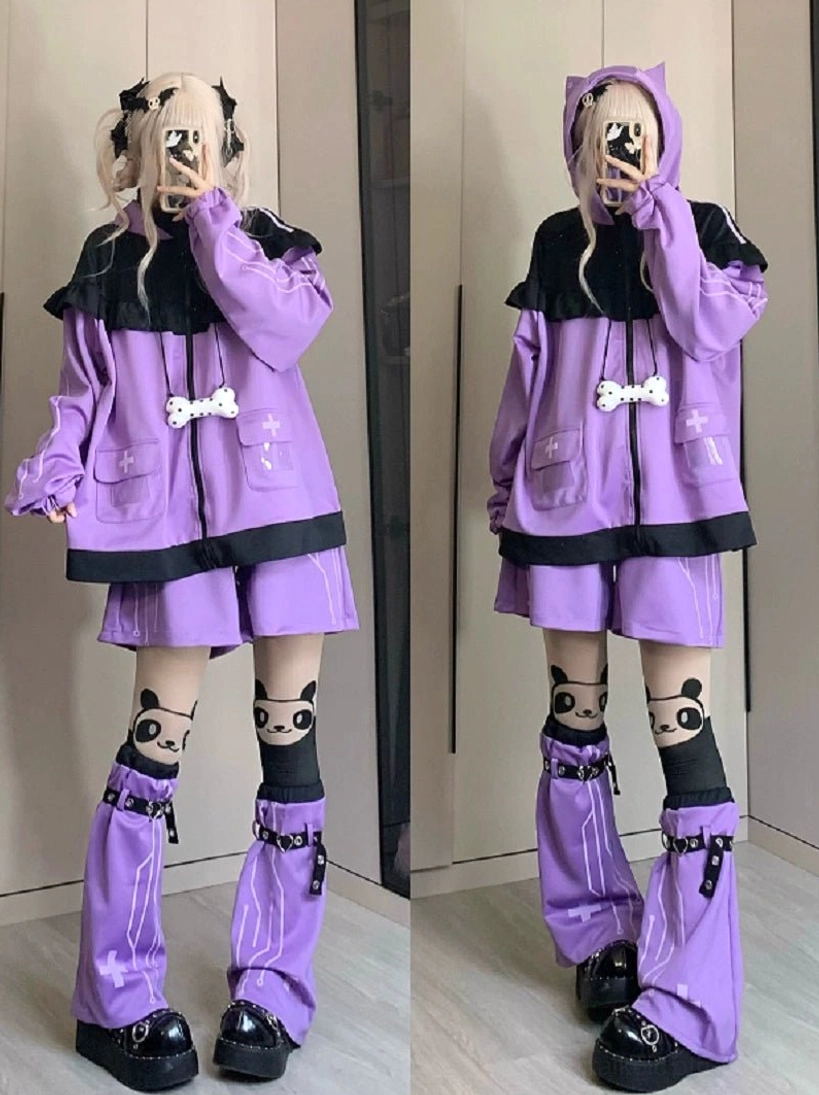 Tenshi Kaiwai black and purple leg warmers elastic construction freesize showing decorative print detail and styling potential