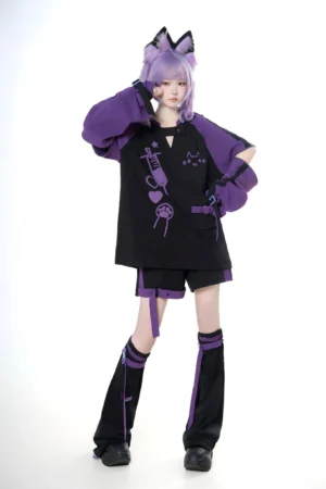 Black and purple tenshi kaiwai cyberpunk cat girl streetwear set with removable cut-off sleeves, purple cat-ear cosplayer modeling complete outfit coordination
