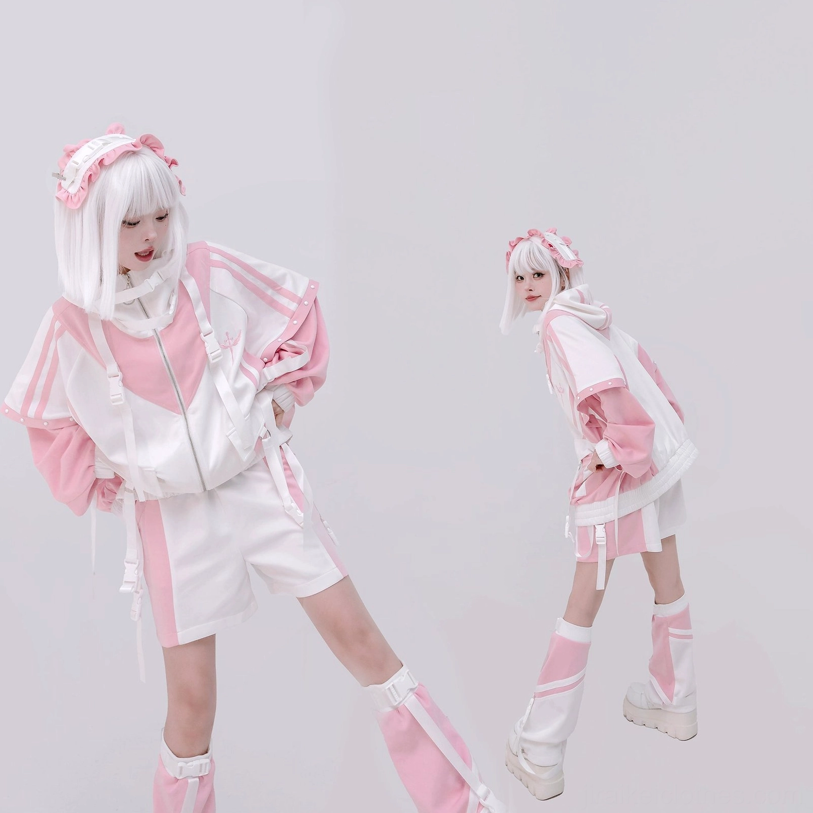 Tenshi Kaiwai plus size black-white color-block coordinate jacket set with decorative leg warmers and headband