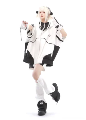 Black and White Tenshi Kaiwai Multicolor Jacket Set Dynamic Pose Full Body View with Model