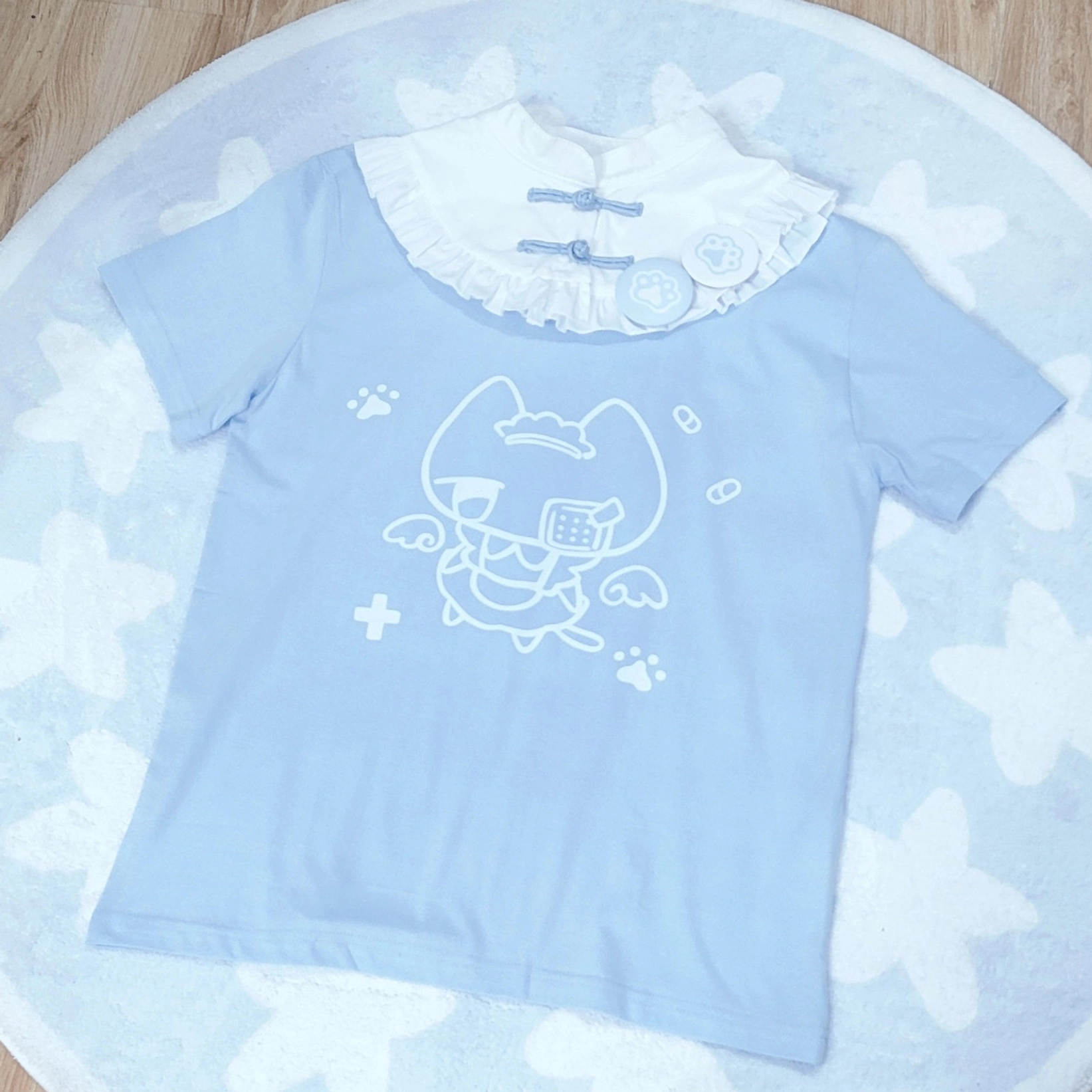 Blue Tenshi Kaiwai cotton T-shirt with knot button collar cat print and angel wing design all sizes