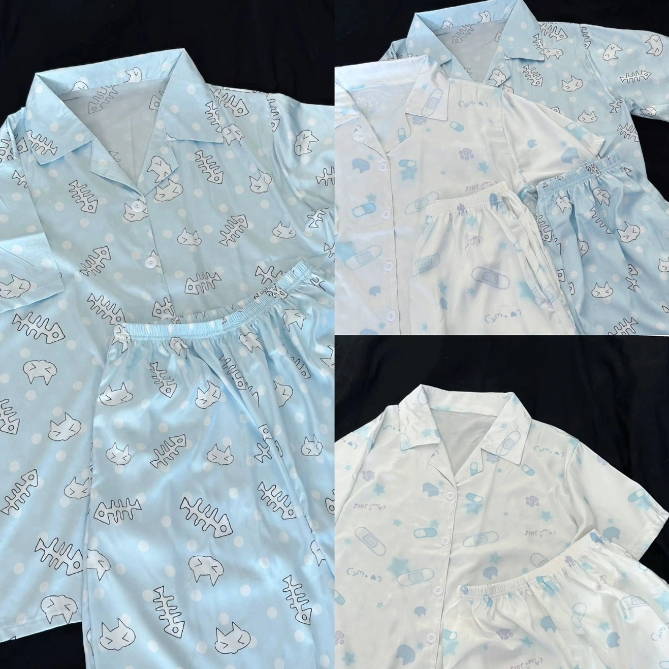 Blue fishbone print Tenshi Kaiwai long-sleeve pajama set with full-length pants, premium satin chiffon fabric worn by model in home setting