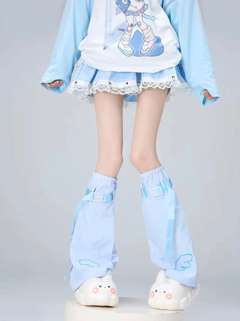 Light blue Tenshi Kaiwai flared leg warmers with cloud embroidery paired with cartoon-toe character platform shoes, celestial Y2K fashion complete outfit