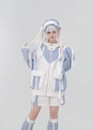 Tenshi Kaiwai plus size blue-white color-block sporty jacket set with matching leg warmers and headwear front three-quarter full body view