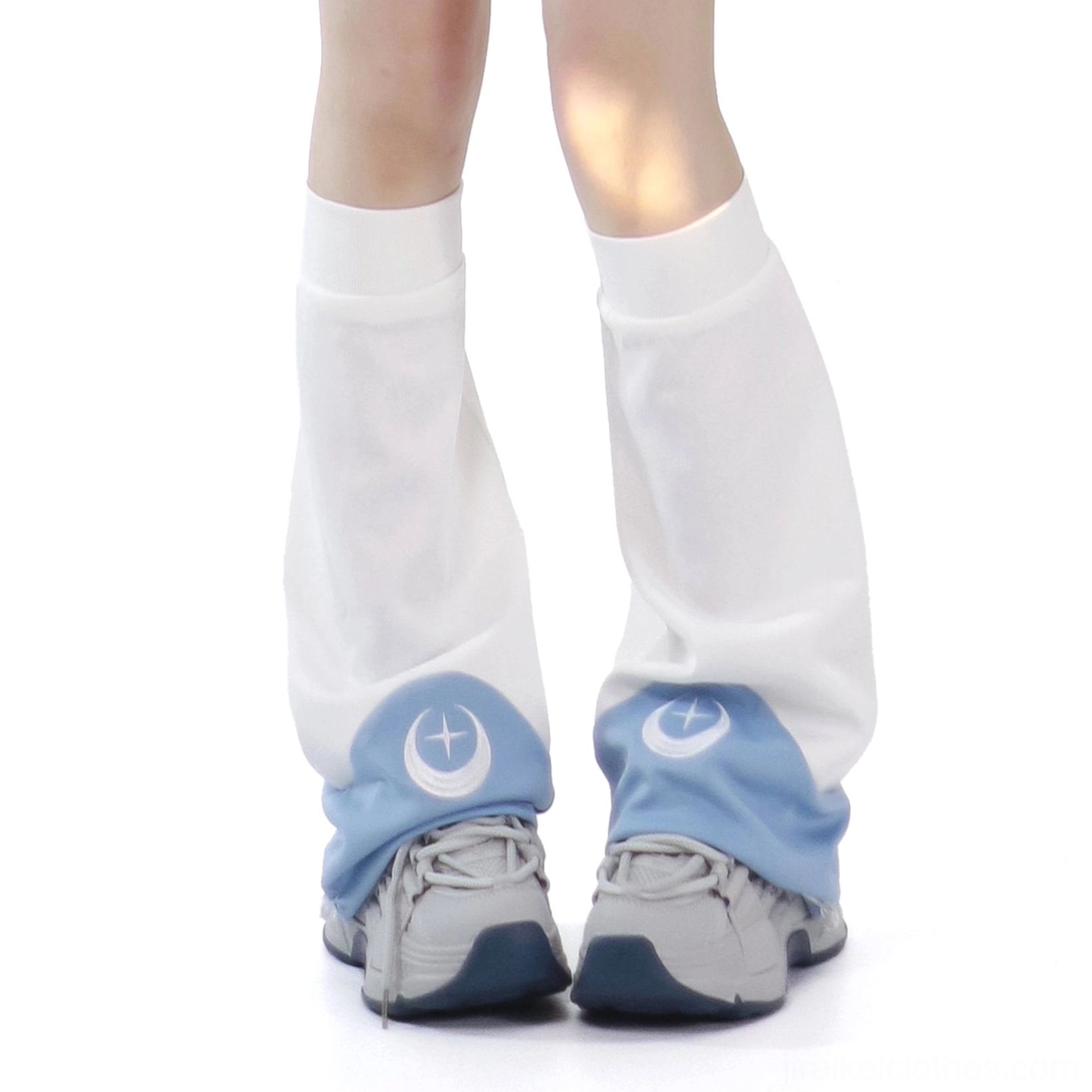 Blue and White Tenshi Kaiwai Jirai Kei crescent leg warmers with symmetrical splicing moon and star accents standalone accessory product photography
