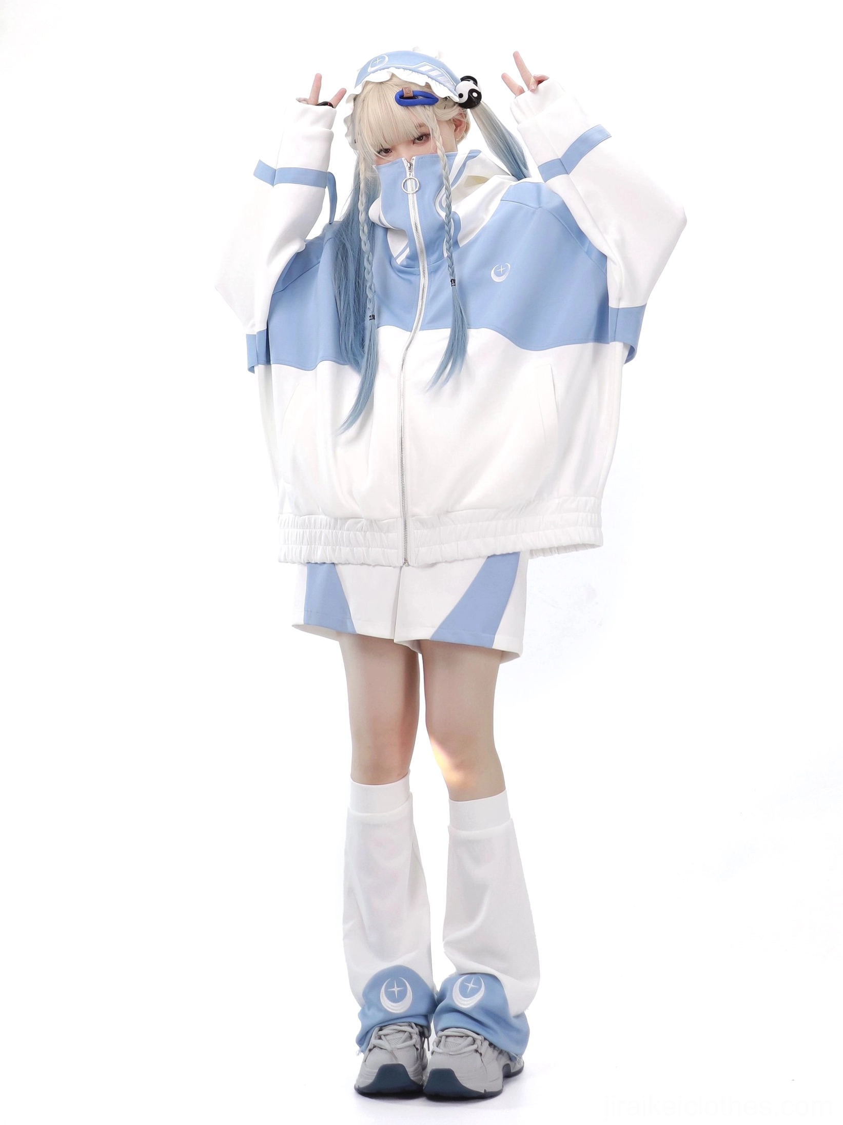 Blue and White Tenshi Kaiwai Jirai Kei color-block sports set complete bundle with oversized jacket shorts leg warmers and hair band celestial aesthetic full styling