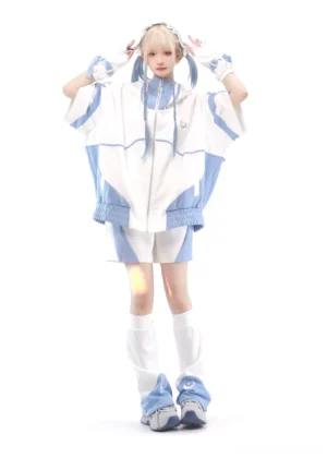 Blue and White Oversized Tenshi Kaiwai Jacket Set Full Body Front View with Blonde Model Studio Shot
