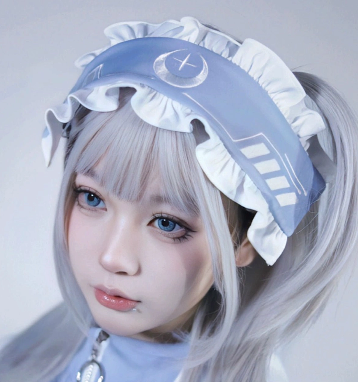 Blue and White Tenshi Kaiwai Jirai Kei hair band with celestial crescent design matching color-block sports set standalone accessory piece
