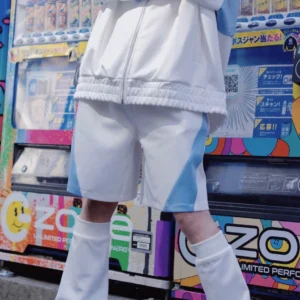 Blue and white Tenshi Kaiwai shorts rear view with matching oversized jacket and street style outfit composition