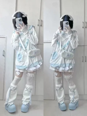 Complete Tenshi Kei outfit featuring cat-ear hooded sun protection jacket paired with crossbody mini bag, platform shoes, and leg warmers for coordinated Jirai Kei styling