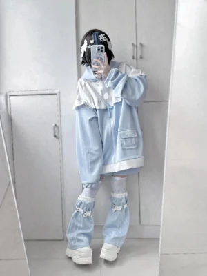 Tenshi Kaiwai cat ear hoodie jacket complete three piece outfit with shorts and leg warmers mirror selfie showing zipper front and platform shoes styling