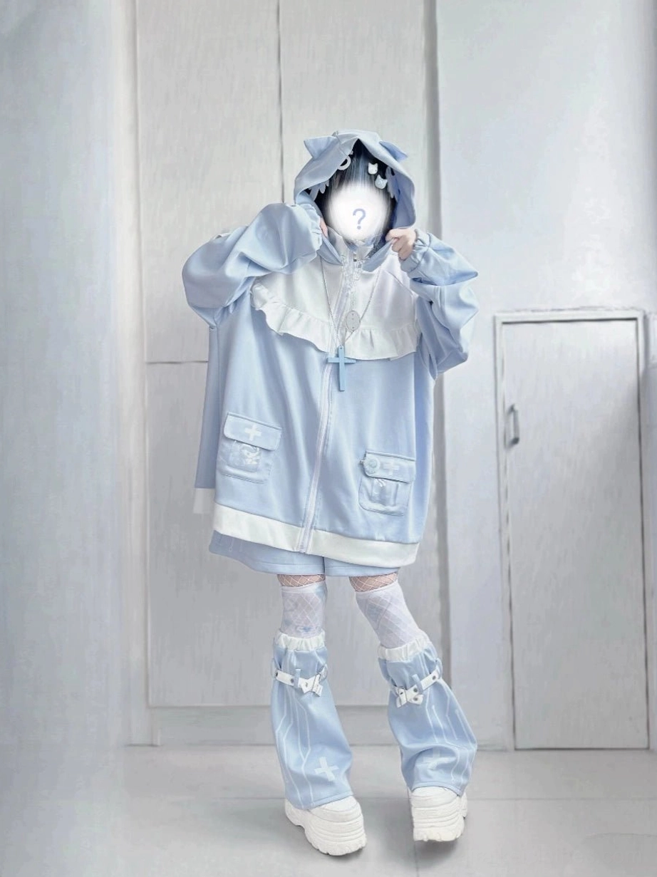 Tenshi Kaiwai cat ear jacket full outfit set with light blue and white color blocking displayed on model in front pose showing ruffled collar pocket details