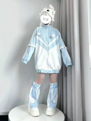 Tenshi Kaiwai oversized color block jacket with detachable collar in mizuiro blue and white, full front view with matching leg warmers, Japanese Jirai Kei streetwear