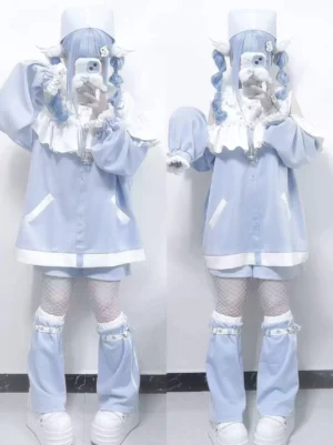 Full-body view of Tenshi Kaiwai sweatshirt and shorts set with matching leg warmers and platform boots on two models