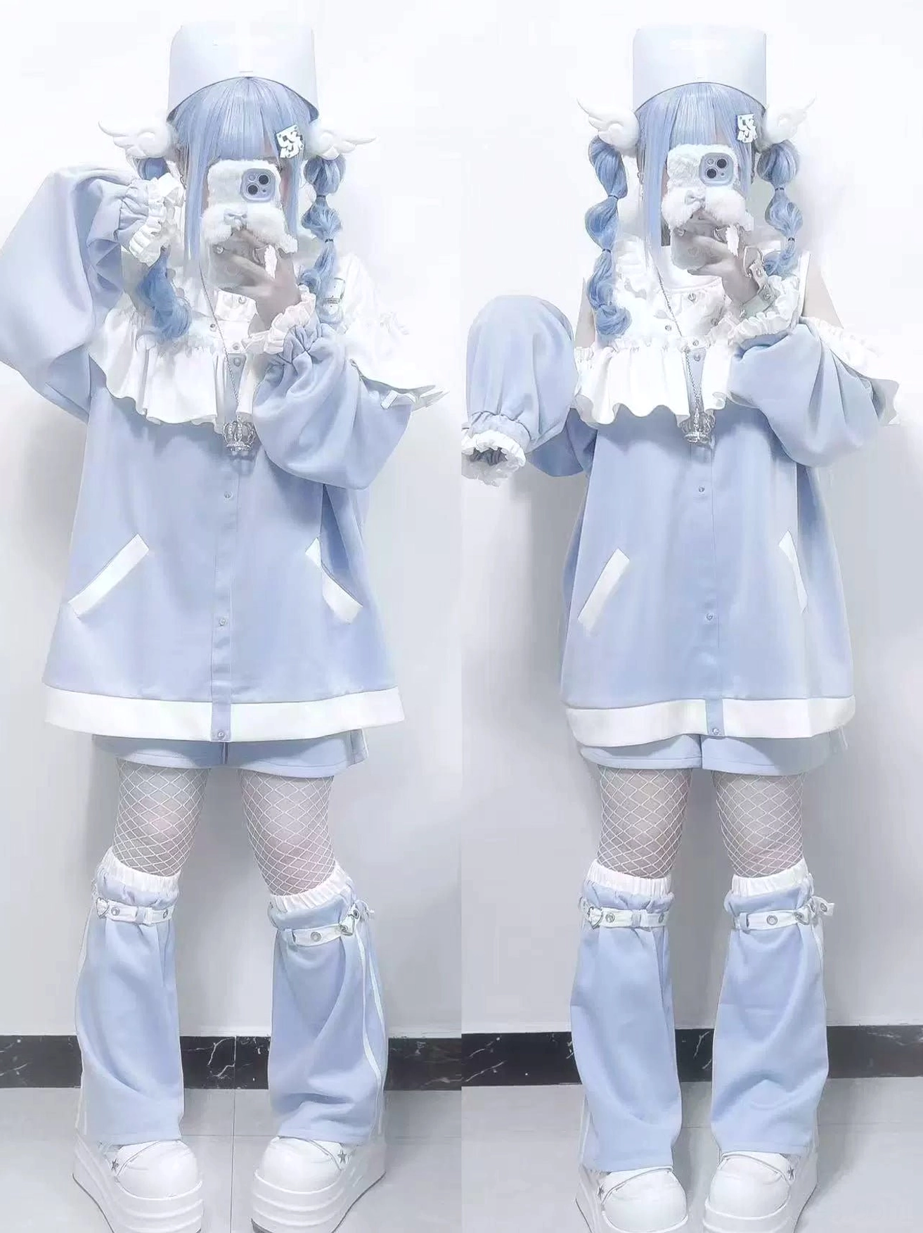 Full-body view of Tenshi Kaiwai sweatshirt and shorts set with matching leg warmers and platform boots on two models
