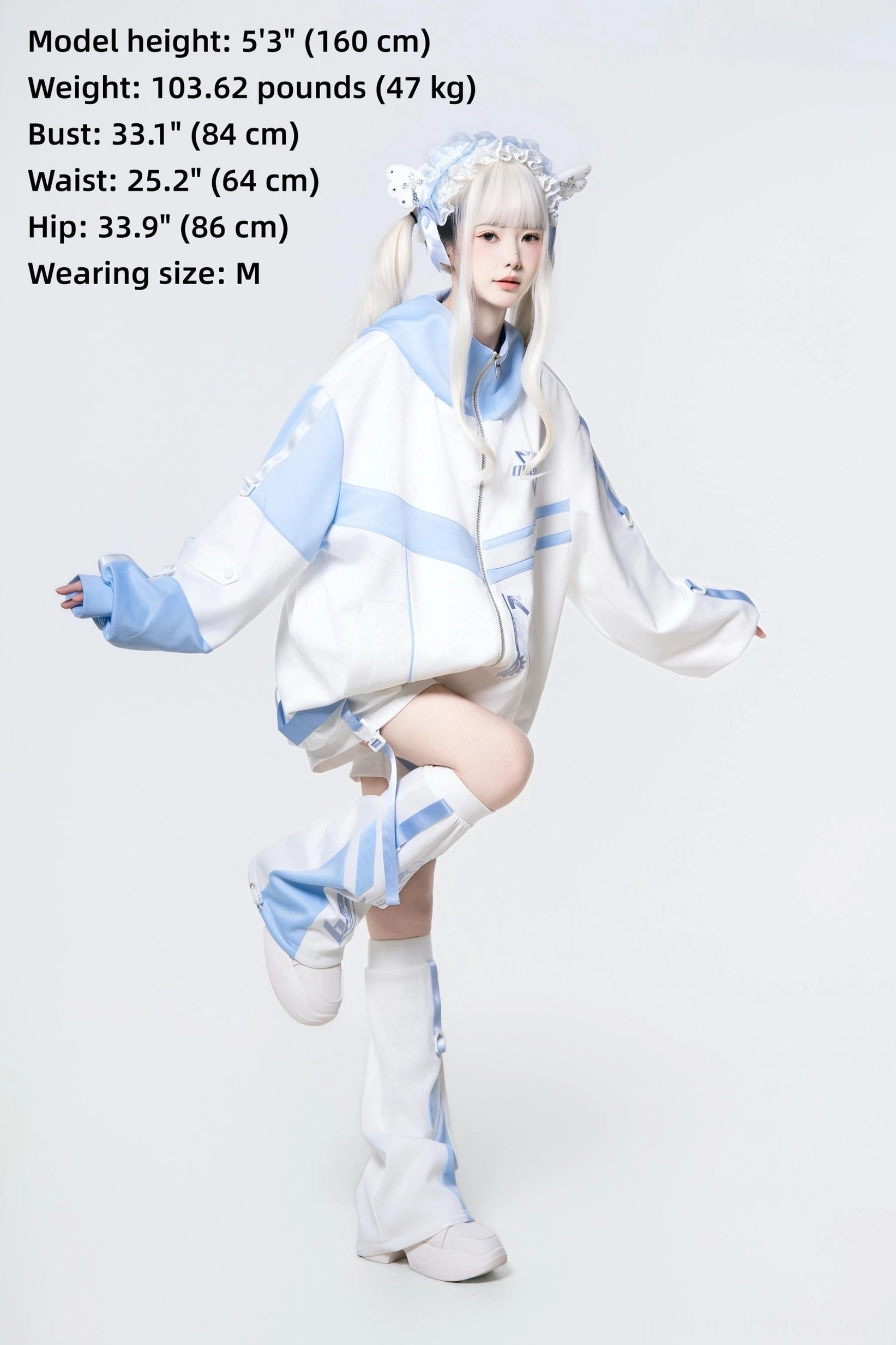 Complete Tenshi Kaiwai techwear set with oversized jacket shorts and leg warmers - model in lifting leg dynamic pose on white background