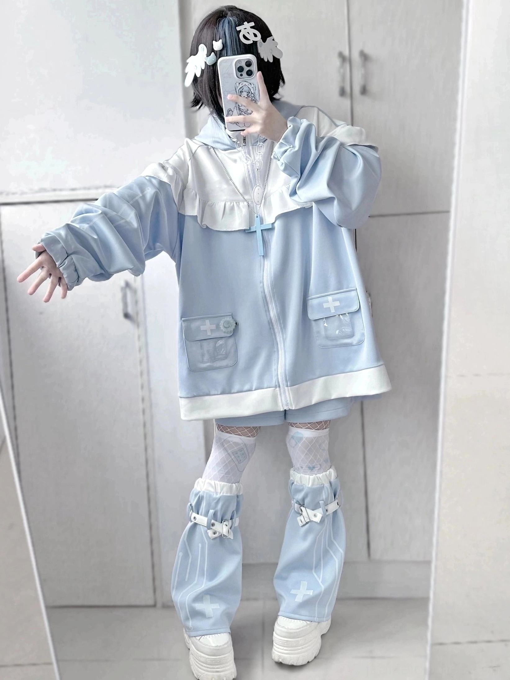 Tenshi Kaiwai complete three piece outfit cat ear jacket shorts leg warmers laid flat product photography all components shown