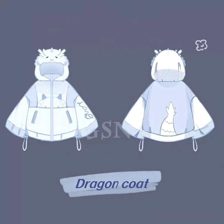 Tenshi Kaiwai dragon coat only - 3D embroidered dragon hood with horns, front and back dragon design, light blue polyester with white leather straps
