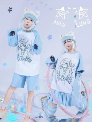 Tenshi Kaiwai dragon raglan outfit set featuring two cosplayers wearing light blue and white color-block design with dragon embroidery, cat ear beanies, and coordinating shorts and pleated skirt options - full front double-model view