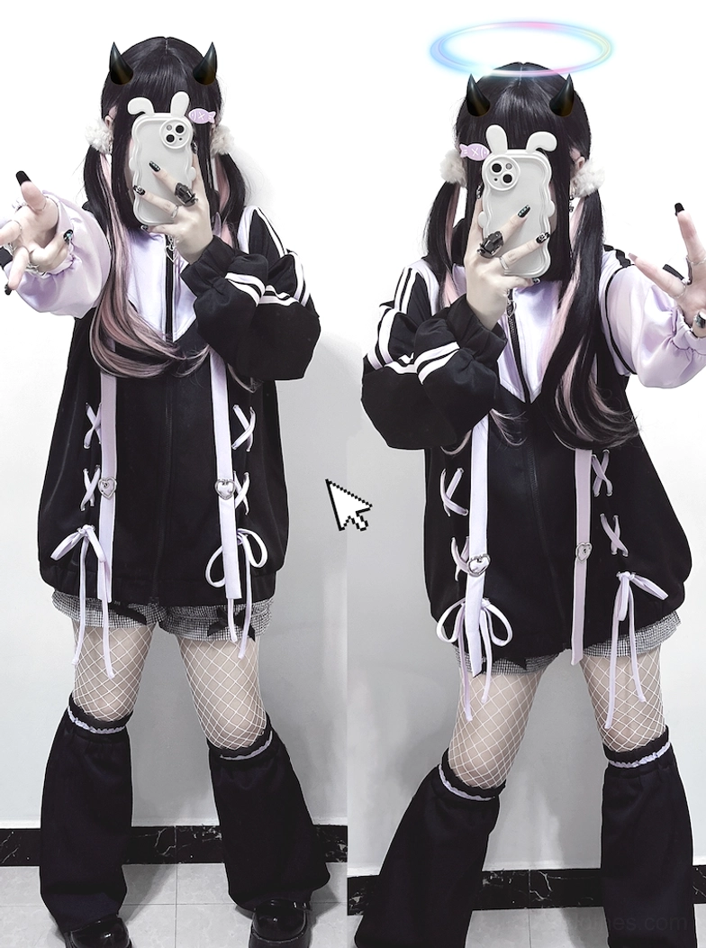 Tenshi Kaiwai Jirai Kei jacket hood detail showing oversized structure, color-block design, drawstring adjustment, and subcultural presence enhancement