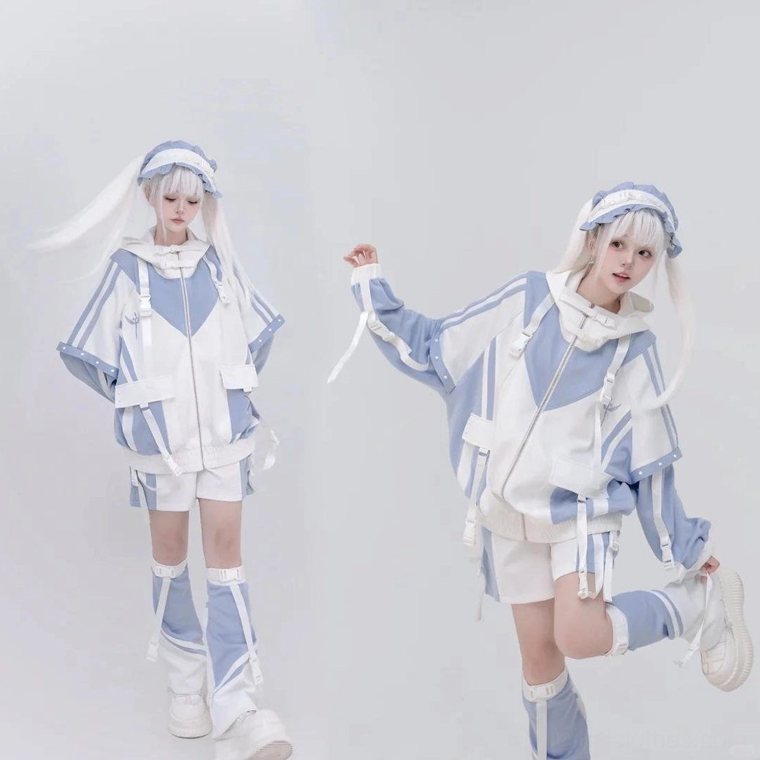Tenshi Kaiwai Kaiwai hooded jacket front view zipper closure strap decorations modern subculture fashion