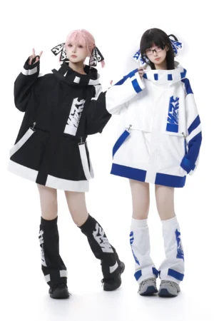 Tenshi Kaiwai hooded windbreaker shorts set front full-body group view featuring two female models wearing black and white and blue and white oversized hoodies with anime hair ornaments and coordinated leg warmers