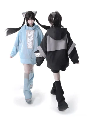 Black and gray Tenshi Kaiwai windproof jacket back view with stand collar hood and gray contrast panels on twin models