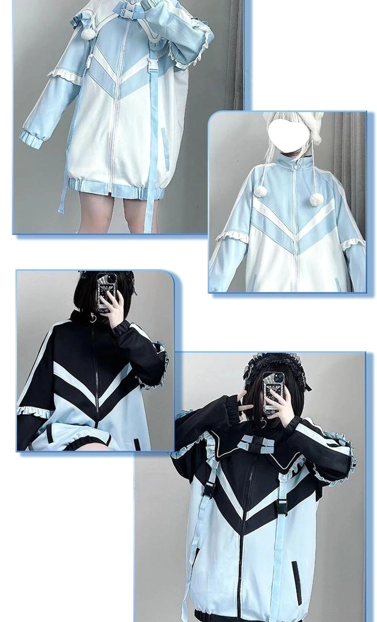Multi-angle product collage of Tenshi Kaiwai color block jacket showing both mizuiro blue-white and black-blue variants with detachable collar and leg warmers