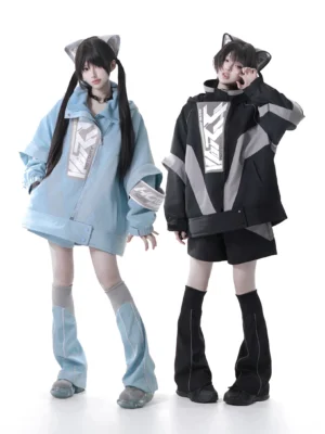 Tenshi Kaiwai oversized windproof jacket front view with cat ear headdress and fleece underlayer, light blue colorway on twin female models