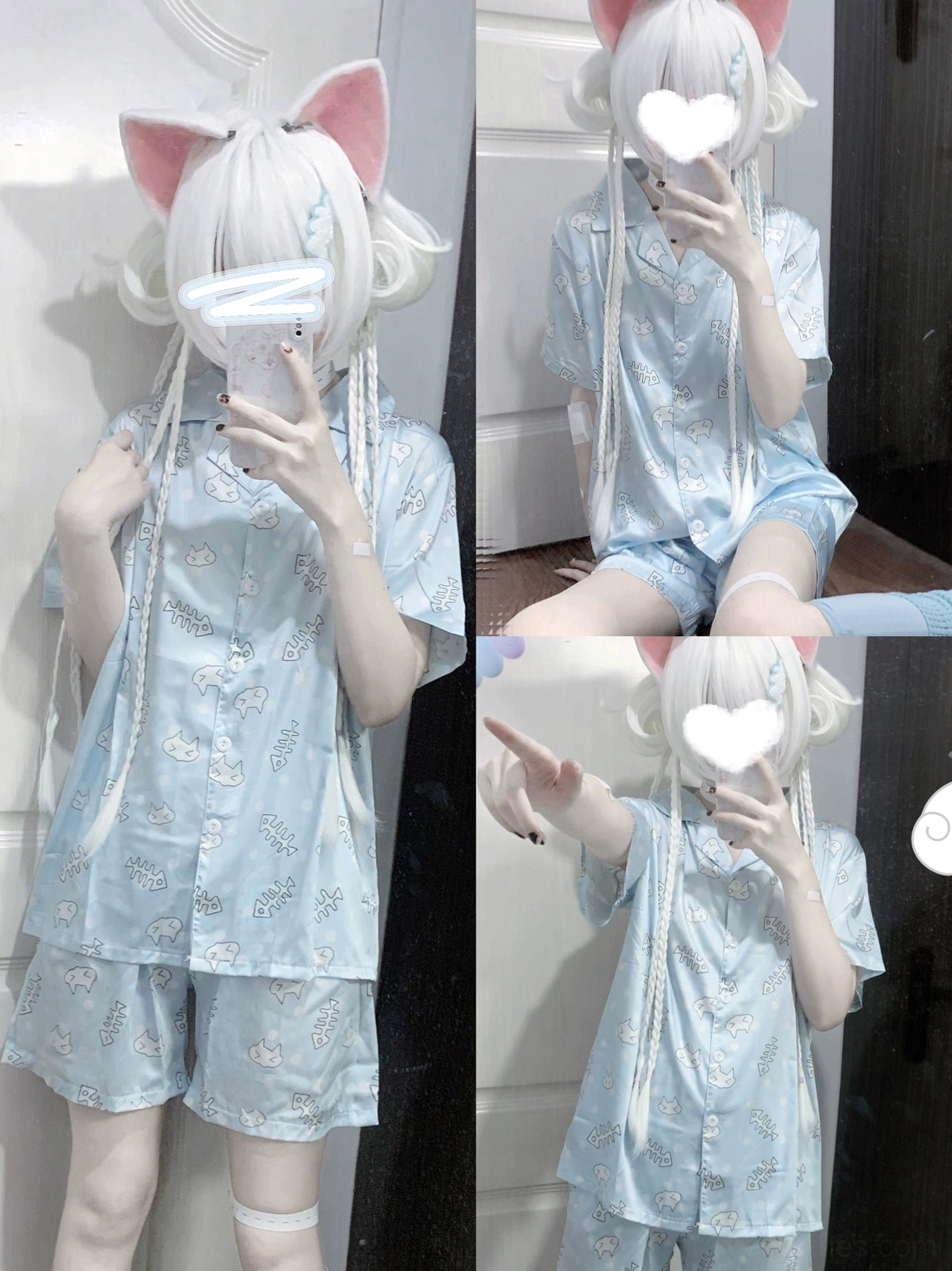 Cat ear cosplay model in light blue Tenshi Kaiwai cat print pajama set multiple pose variations, home indoor scene showcasing kawaii aesthetic with decorative props