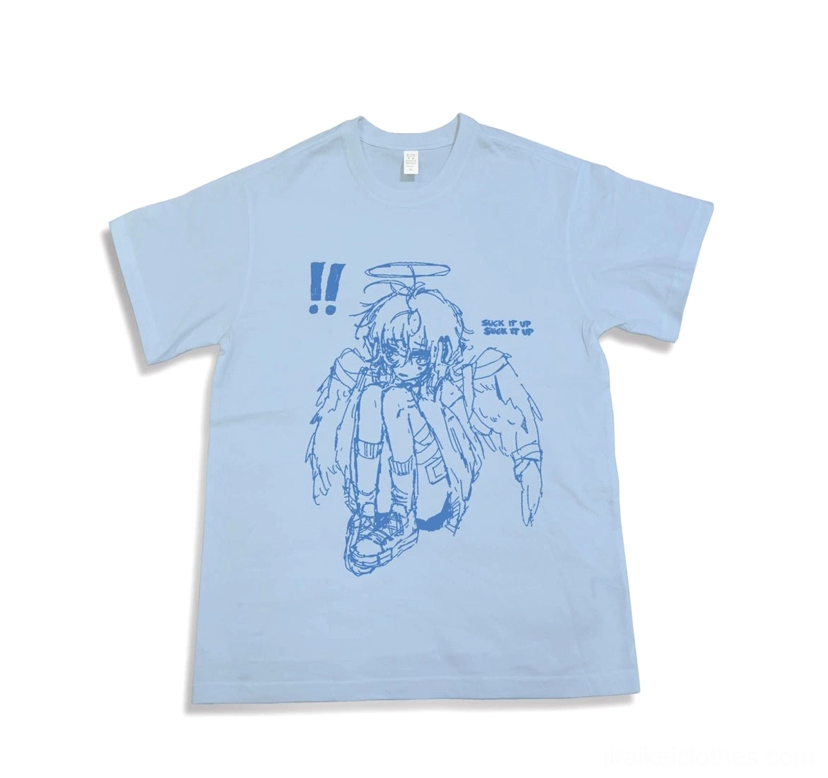 Light blue Tenshi Kaiwai crying angel boy graphic t-shirt flat lay front view Jirai Kei anime print design